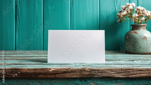 Simple Blank Invitation Card Mockup with Flower Vase on Wooden Table