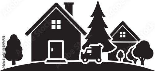 Houses and trees silhouette with car on hill landscape