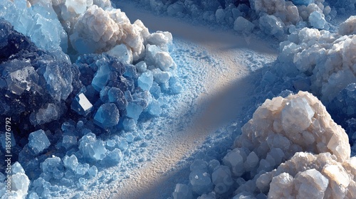 Detailed Textured Landscape of Crystal Salt Formation with Shades of Blue