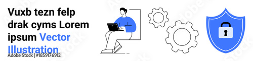 Cybersecurity, data protection, digital privacy, online safety, IT security, technological defense. Person with laptop, shield lock icon and gear symbols. Cybersecurity and data protection concepts