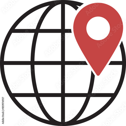 World globe with GPS location pin icon, Global navigation symbol for international travel and tracking, Earth map pointer graphics for web ui and logistics design vector illustration.