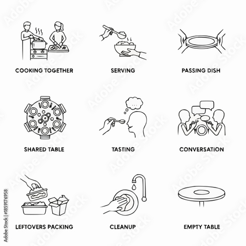 A black and white illustration of people sharing a meal together