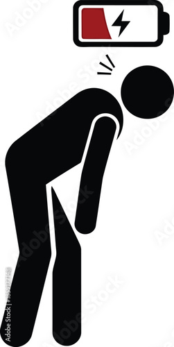 Black silhouette figure bent over with low battery symbol above head