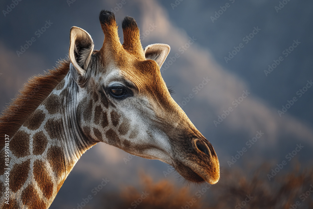 Obraz premium Calm giraffe head close up with detailed fur pattern and soft natural light in wildlife reserve during daytime, showing peaceful expression and textured skin against blurred background