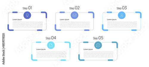 5-box infographics organize information into five distinct rectangular or square containers, ideal for presenting features, steps, or categories in a structured grid layout.