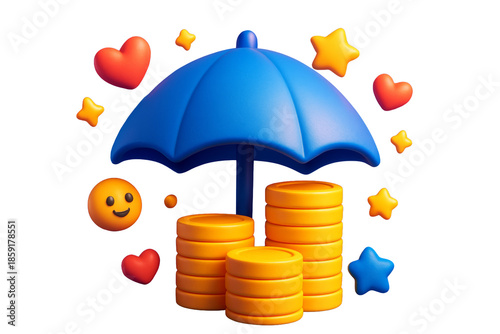 Wallpaper Mural Colorful coins under blue umbrella with stars, hearts, and smiley face in modern 3D style on white background, concept of business insurance. Ai generative Torontodigital.ca