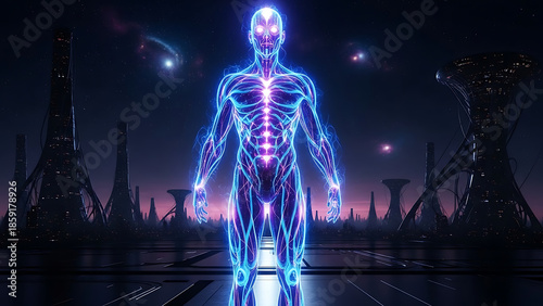 glowing translucent human body outline with vibrant blue and pink electrical energy flowing through veins and organs against futuristic cityscape at night with distant nebulae and stars in sky