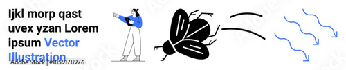 A person in casual attire swats at a flying insect with visible motion lines symbolizing swift movement. Ideal for pest control, action themes, environmental issues, dynamic concepts, warning, humor