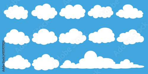 set of vector illustrations of clumpy clouds, cloud bubbles in flat style on a blue background	
