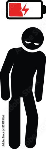 Black stick figure with low battery symbol energy power