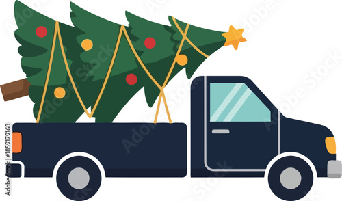 Dark blue pickup truck carrying decorated Christmas tree