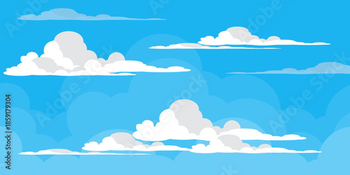 Illustration of a blue sky with white clouds in a flat style. Blue sky background and white clouds. Cartoon sky	