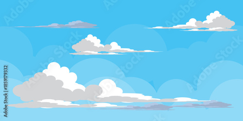 Illustration of a blue sky with white clouds in a flat style. Blue sky background and white clouds. Cartoon sky	
