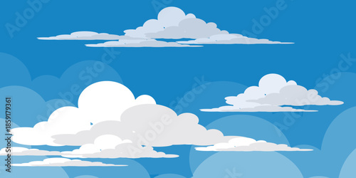 Illustration of a blue sky with white clouds in a flat style. Blue sky background and white clouds. Cartoon sky	