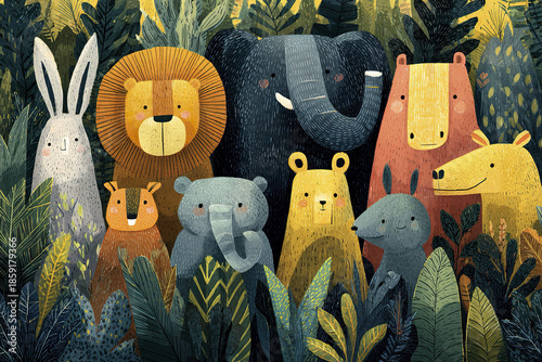 Wallpaper Mural Cute jungle animal illustration with rabbit, lion, elephant, bear, and other friendly creatures surrounded by lush green forest plants in colorful children friendly style Torontodigital.ca