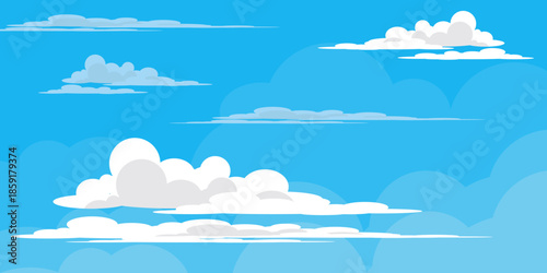 Illustration of a blue sky with white clouds in a flat style. Blue sky background and white clouds. Cartoon sky	