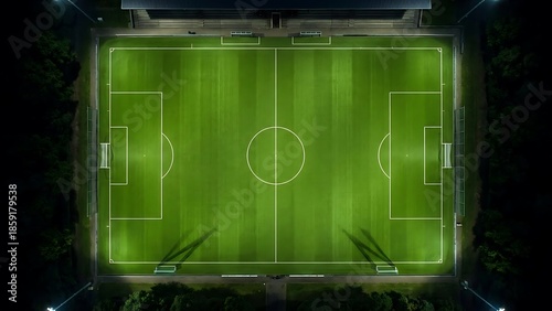 Vibrant green football pitch illuminated at night, captured from an overhead drone perspective, showcasing the field lines and bright stadium lights ready for a game