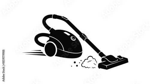 Black and white graphic illustration depicting a canister vacuum cleaner actively sucking up dirt and debris with speed lines indicating motion for cleaning services concept art