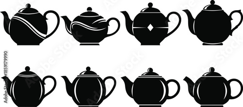 Teapot Silhouette Illustration Collection Featuring Classic and Decorative Tea Kettle Shapes Traditional Kitchenware Black Vector Set