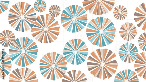 Colorful radial fan pattern with geometric circular elements, abstract modern background inspired by mid century design for fabric, wallpaper and decorative prints