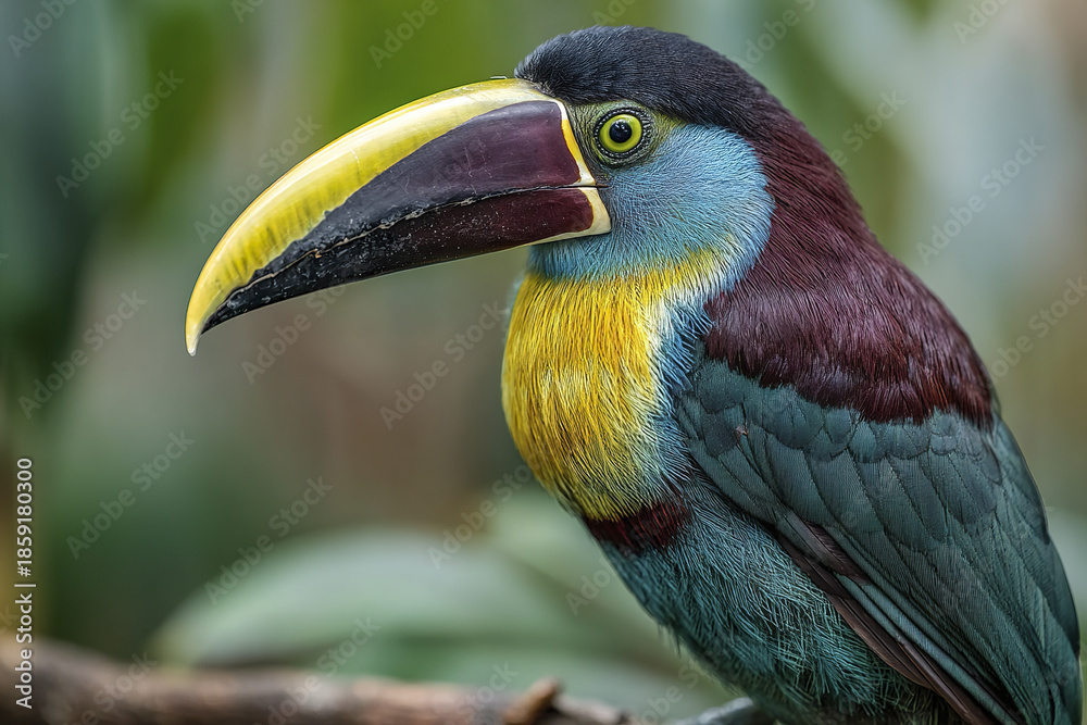 Obraz premium Colorful toucan bird with large yellow and black beak perched on branch in natural green rainforest environment
