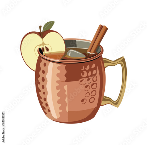 Digital illustration of a Moscow Mule in a textured copper mug with gold handle, garnished with apple slice and cinnamon stick, isolated on transparent background.