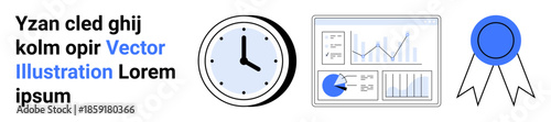 Clock, chart with graphs, and badge representing punctuality, data tracking, success, productivity, performance, business growth. Ideal for business presentations education management project
