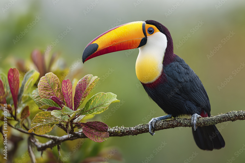Obraz premium Colorful toucan perched on branch with green and red leaves in natural environment with blurred background, showing vibrant beak and detailed feathers
