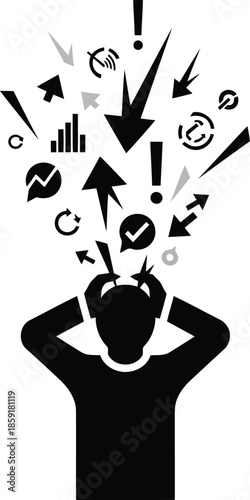 Silhouette of person overwhelmed by information and symbols