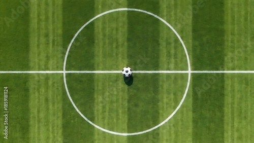 Vibrant green soccer field captured from a high-angle, top-down perspective, featuring a lone football precisely centered within the white circle, highlighting the perfectly maintained pitch lines