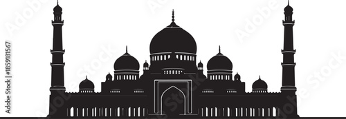 Black silhouette of a large mosque with a central dome, surrounding domes, and minarets on a white background