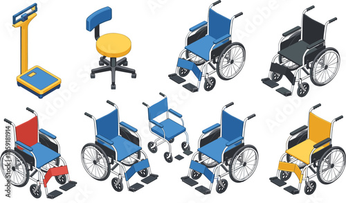 Medical equipment illustration, wheelchairs collection, mo
