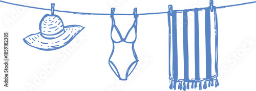 Blue ink sketch of a sun hat, bikini, and striped towel drying on a clothesline with pegs beach summer