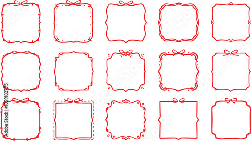 Collection of 15 decorative red square frames with bows on a white background border