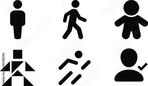 Abstract human figure icons set representing people, movement, activities, profile avatar, and geometric person symbols in minimal silhouette style