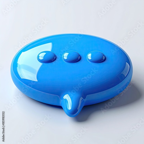 Glossy blue chat bubble icon, three dots, white backdrop, 3D rendering