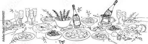 Hand-drawn black and white illustration of a banquet table laden with food and drinks vector
