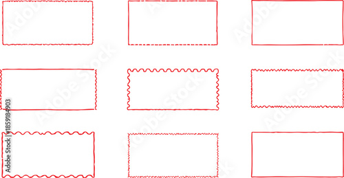 Nine red rectangular frames with varied textured and wavy borders on a white background rectangle