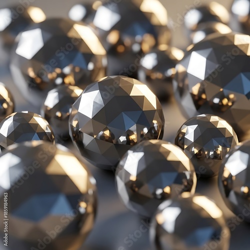 Shiny Metallic Spheres - A Captivating Display of Geometric Reflections and Light.