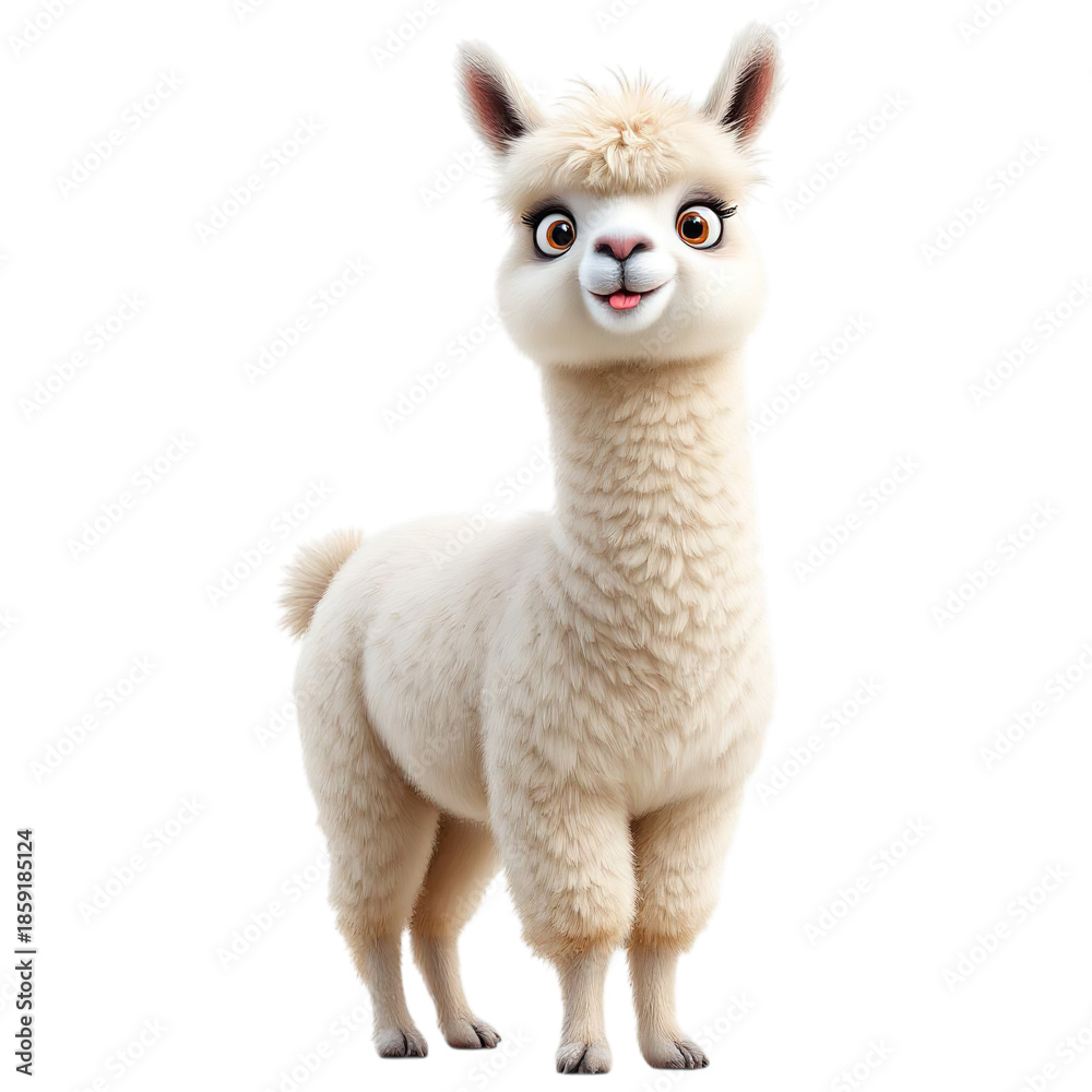 Fototapeta premium A white alpaca standing on a transparent background with a cute expression