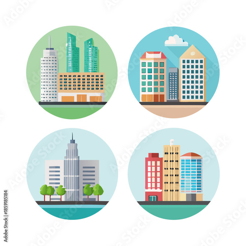 Building flat icons Set. City, Real estate, Architecture building vectors. City skyscraper, downtown. Apartment silhouette illustration isolated on transparent background. Modern and elegant styles.