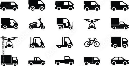 Delivery and Transportation Icons Set with Vans Trucks Bike Scooter Drone Forklift, Solid Black Logistics Pictograms Isolated on White