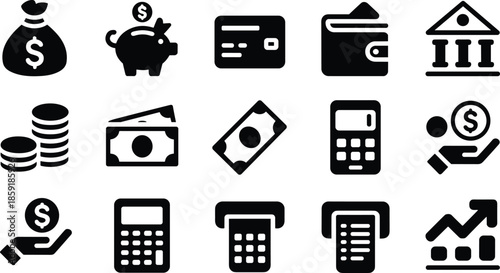 Finance and banking icon set featuring money wallet credit card calculator savings investment symbols isolated black flat vector illustration