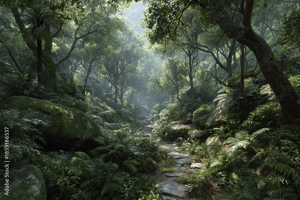 Obraz premium Lush green forest with dense vegetation and rocky path winding through tall trees and ferns, creating serene and peaceful natural atmosphere
