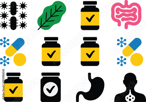 Health and medicine icon set featuring supplements pills bacteria digestion organs wellness symbols isolated flat vector illustration design