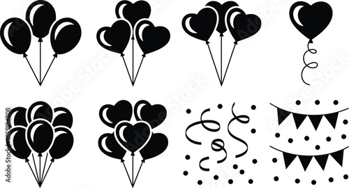 Heart balloon silhouette icon set with festive confetti and bunting decorations, ideal for love, celebration, party, and event design concepts
