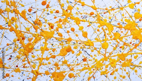 A vibrant abstract painting featuring splashes of bright yellow paint, creating a dynamic and energetic composition on a white background.