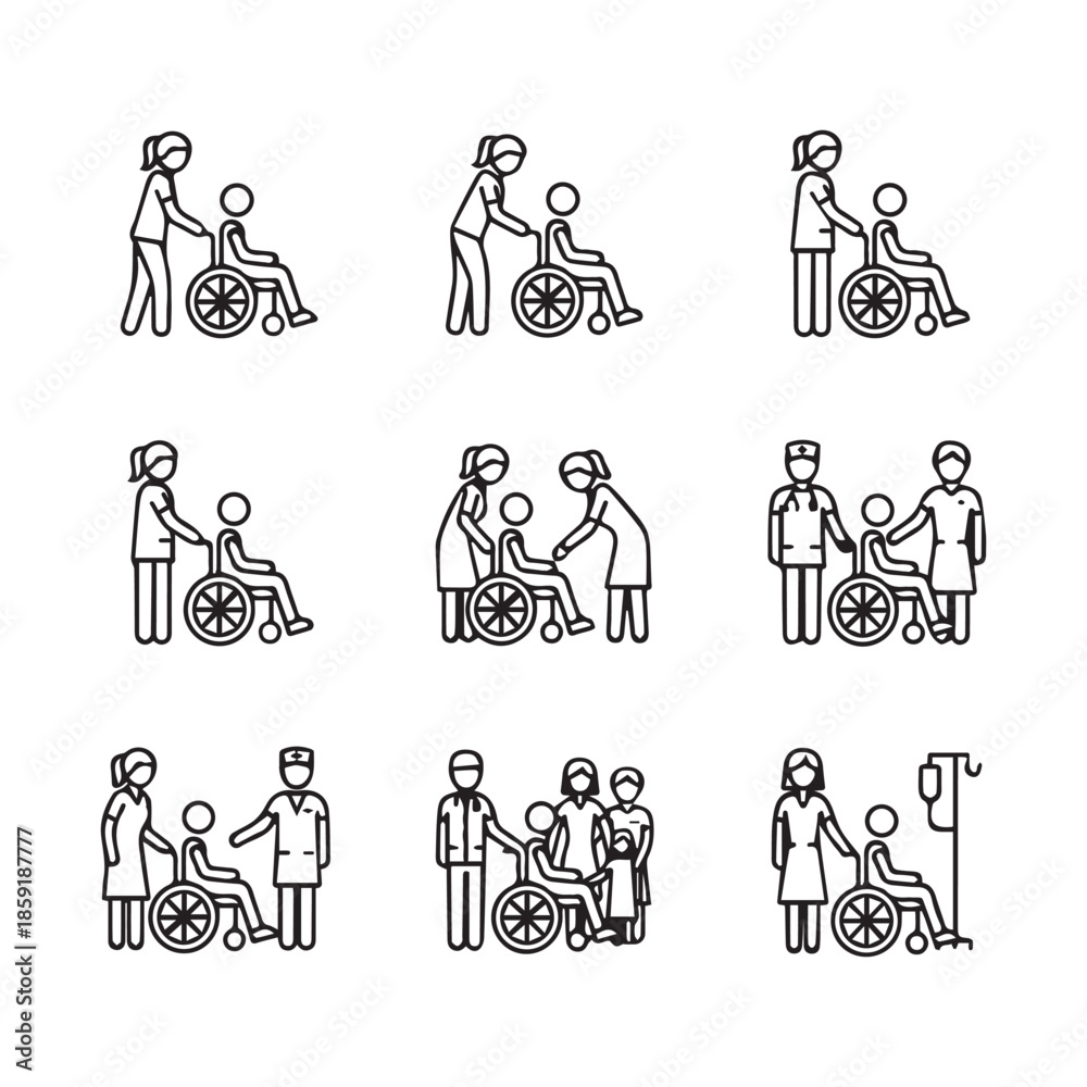 Ταπετσαρία Healthcare professionals assisting patients in wheelchairs a set of line icons