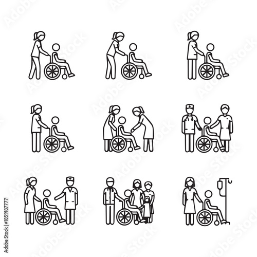 Healthcare professionals assisting patients in wheelchairs a set of line icons