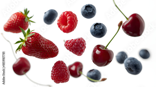 Berry Medley: A vibrant assortment of ripe, juicy strawberries, blueberries, raspberries, and cherries float playfully. capturing the fresh, natural sweetness.